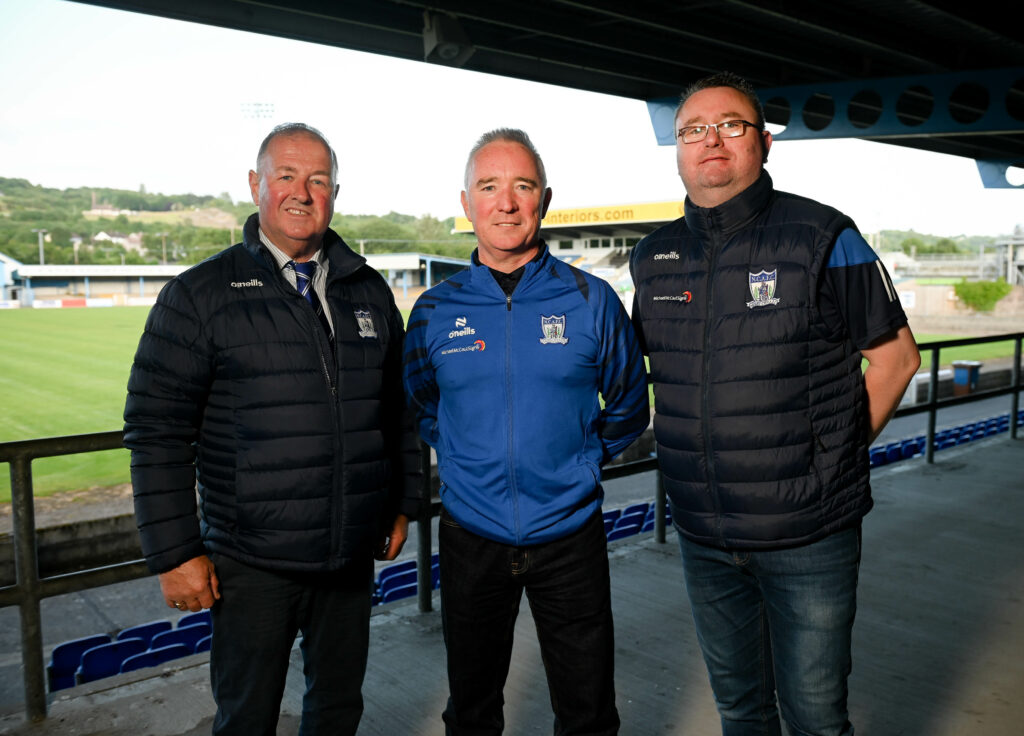 Chairman Martin McLoughlin and Vice Chairman Gary Wilson with Damien Hillen new NCAFC Academy Manager. Brendan Monaghan Photography