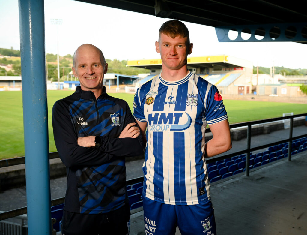 NCAFC Manager Barry Gray with new signing Ryan McNickle. Brendan Monaghan Photography