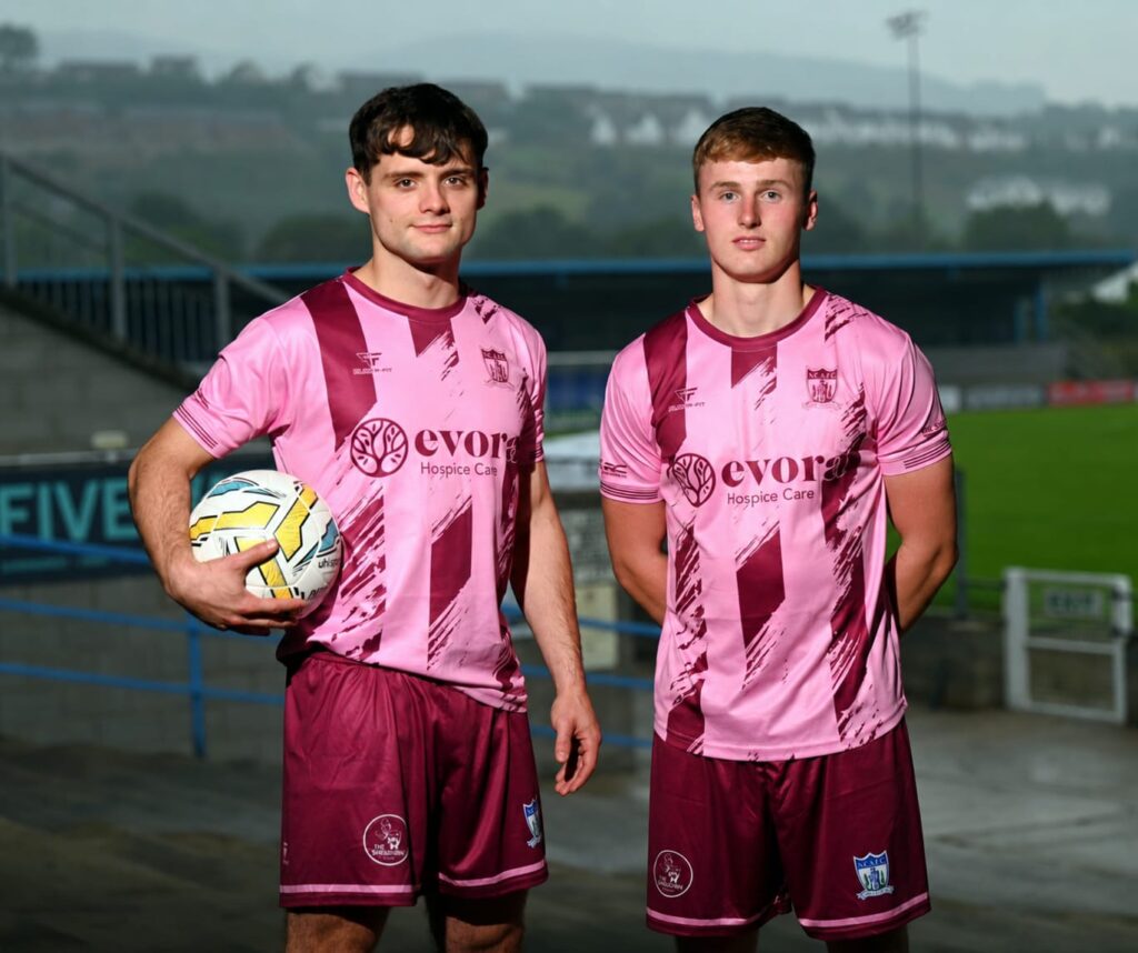 NCAFC first team players Lorcan Forde and Charlie McGrath in the new Evora Cup kit