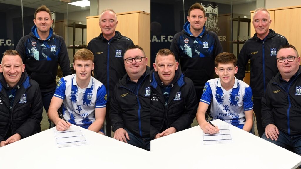 Photographed First team management Stuart King & Ryan Moffatt, players Charlie McGrath & Dylan McKevitt along with Academy Director Damien Hillen and Chairman Gary Wilson.
